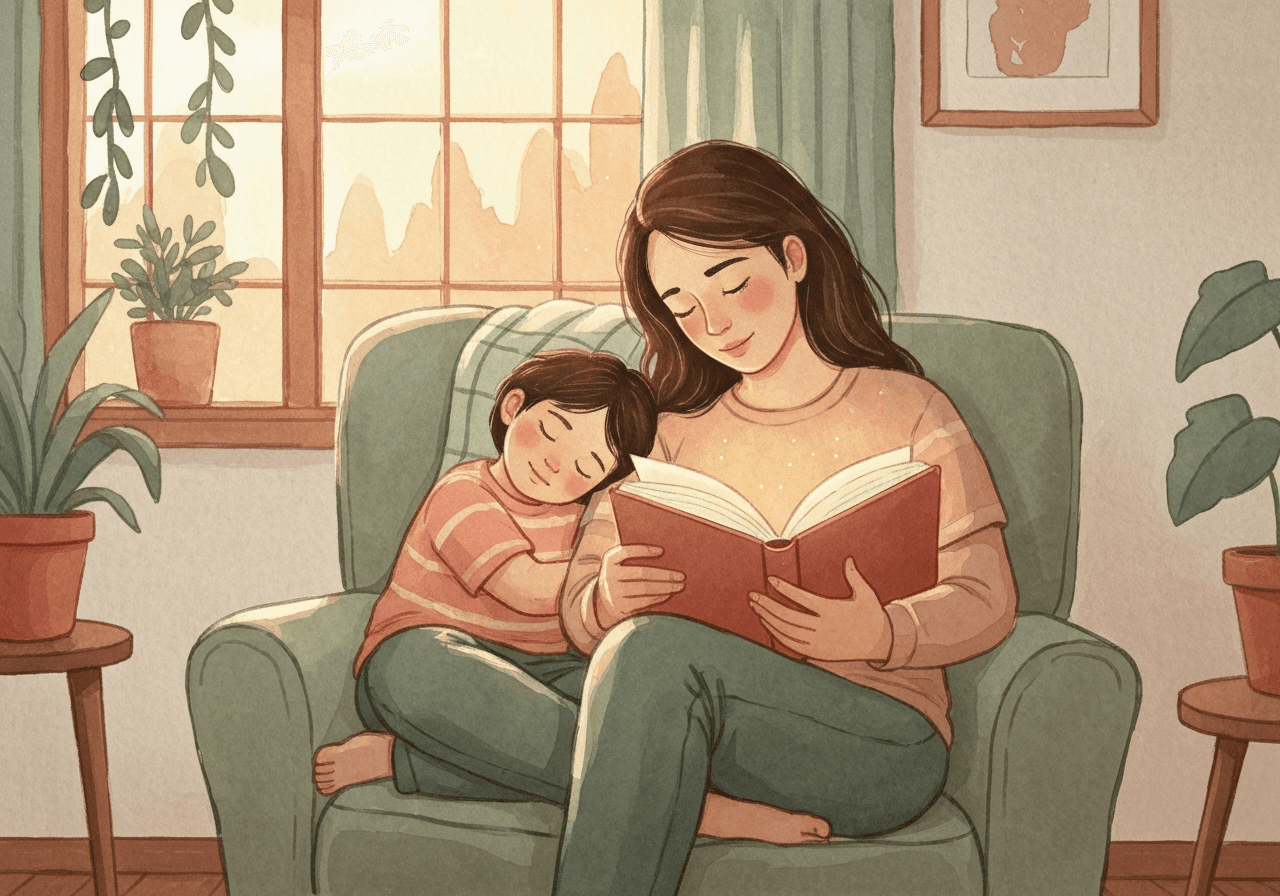 A parent reading a bedtime story to their child